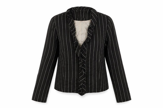 Front view of Rosie's L.F.Coll women’s brown striped jacket, size UK 12, hook & eye