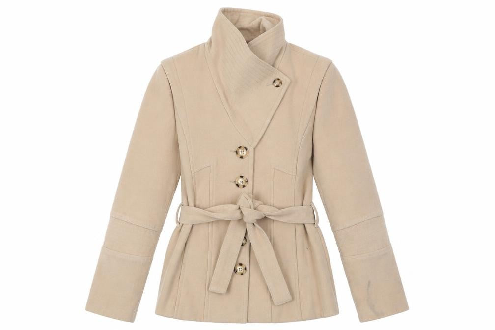 Front view of Et Vous women’s beige overcoat coat, size UK 10, button