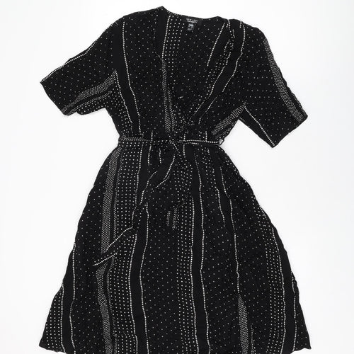 New Look Womens Black Geometric Viscose Wrap Dress Size 10 V-Neck Pullover
