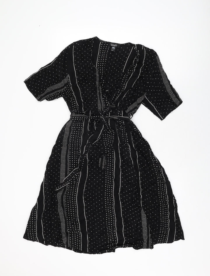 New Look Womens Black Geometric Viscose Wrap Dress Size 10 V-Neck Pullover