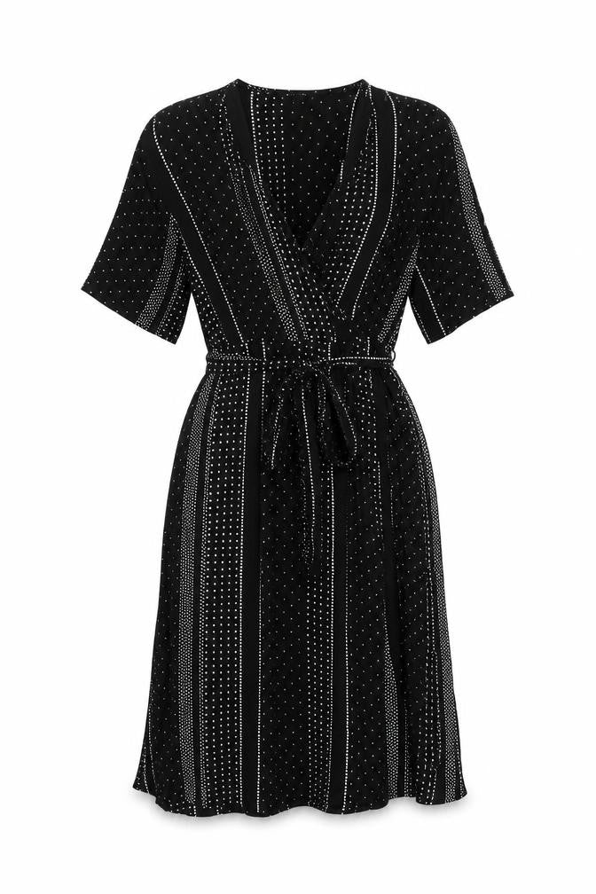 Front view of New Look women’s black geometric viscose wrap dress, size UK 10, v-neck pullover