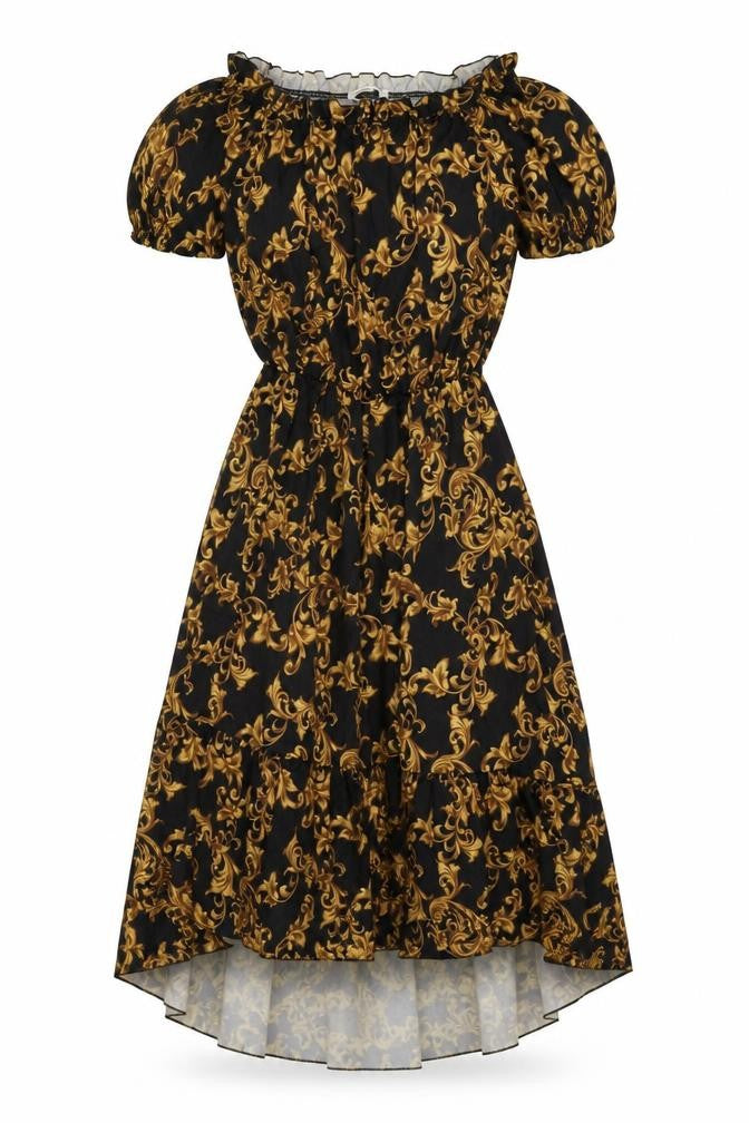 Front view of Mira&Co women’s black geometric polyester a-line, size M, off the shoulder pullover