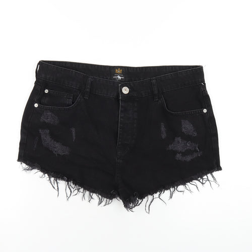 River Island Womens Black Cotton Cut-Off Shorts Size 16 Regular Button