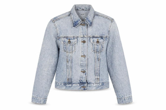 Front view of Denim & Co. women’s blue jacket, size UK 6, button