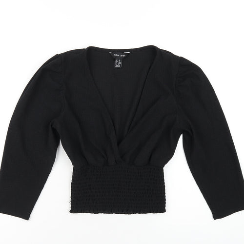 New Look Womens Black Polyester Cropped T-Shirt Size 8 V-Neck