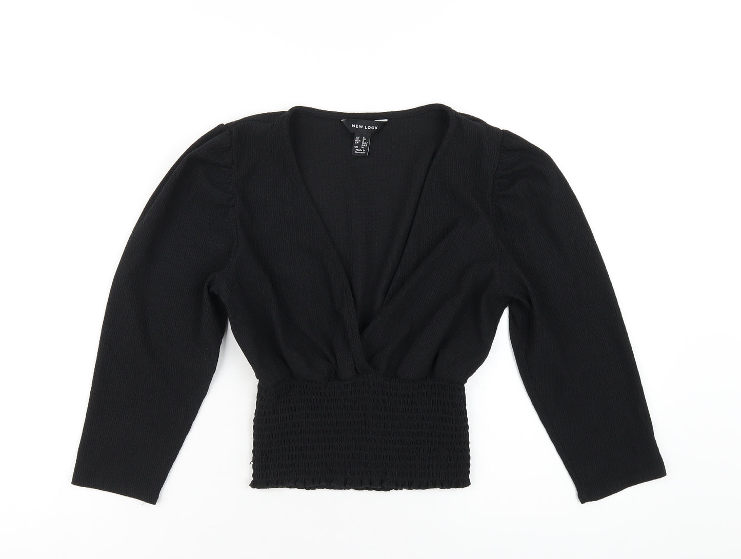 New Look Womens Black Polyester Cropped T-Shirt Size 8 V-Neck