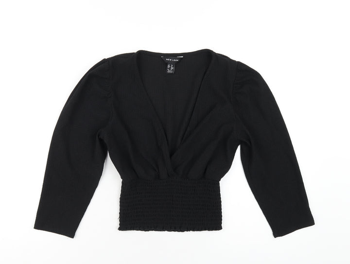 New Look Womens Black Polyester Cropped T-Shirt Size 8 V-Neck