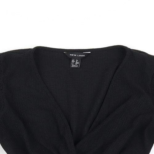 New Look Womens Black Polyester Cropped T-Shirt Size 8 V-Neck