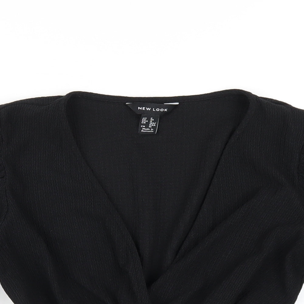 New Look Womens Black Polyester Cropped T-Shirt Size 8 V-Neck