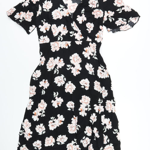 New Look Womens Black Floral Viscose A-Line Size 10 V-Neck Zip