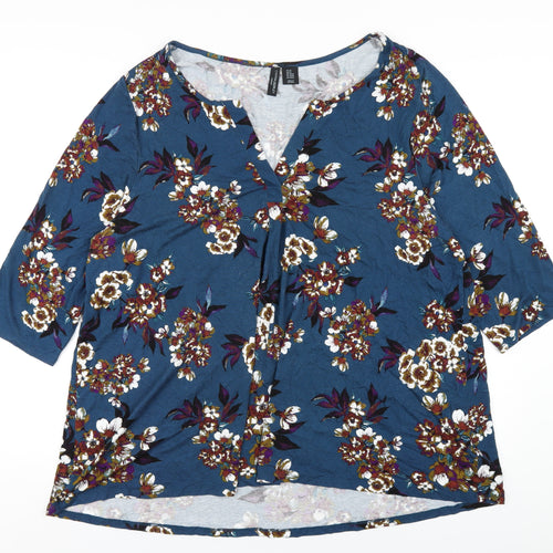 Cynthia Rowley Womens Blue Floral Viscose Basic T-Shirt Size 22 V-Neck