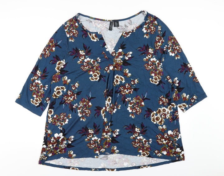 Cynthia Rowley Womens Blue Floral Viscose Basic T-Shirt Size 22 V-Neck