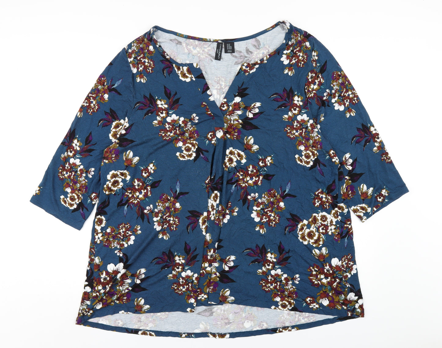 Cynthia Rowley Womens Blue Floral Viscose Basic T-Shirt Size 22 V-Neck