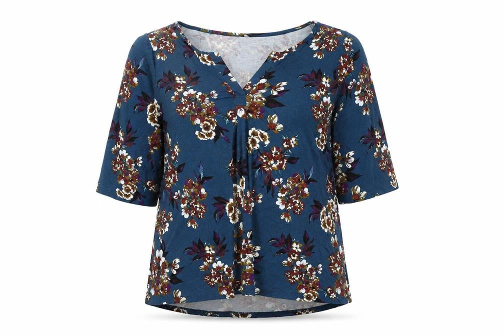Cynthia Rowley Womens Blue Floral Viscose Basic T-Shirt Size 22 V-Neck