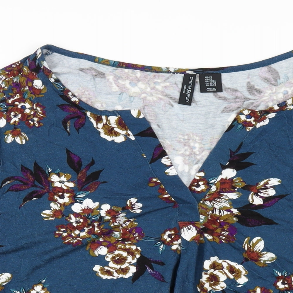 Cynthia Rowley Womens Blue Floral Viscose Basic T-Shirt Size 22 V-Neck