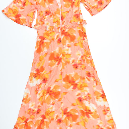 Oliver Bonas Womens Orange Geometric Viscose A-Line Size 8 Round Neck Button