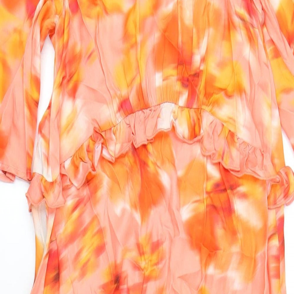 Oliver Bonas Womens Orange Geometric Viscose A-Line Size 8 Round Neck Button