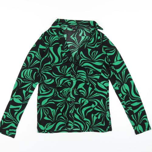 New Look Womens Green Geometric Polyester Basic Button-Up Size 8 Collared