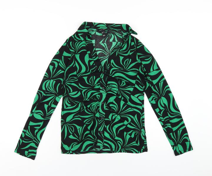 New Look Womens Green Geometric Polyester Basic Button-Up Size 8 Collared