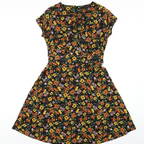 New Look Womens Black Floral Polyester A-Line Size 6 Round Neck Zip