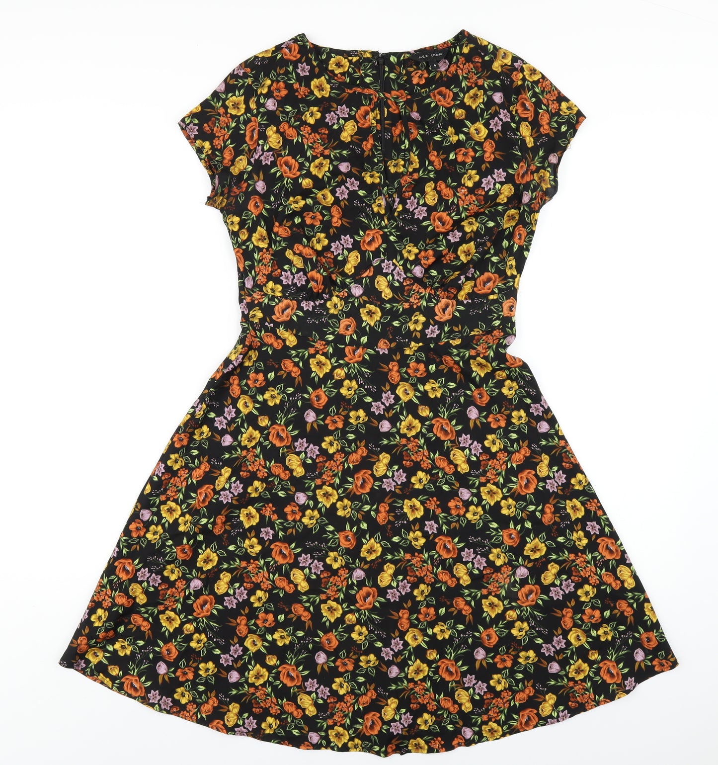 New Look Womens Black Floral Polyester A-Line Size 6 Round Neck Zip