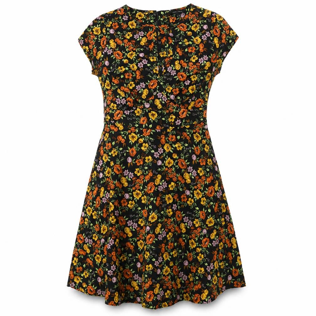 Front view of New Look women’s black floral polyester a-line, size UK 6, round neck zip