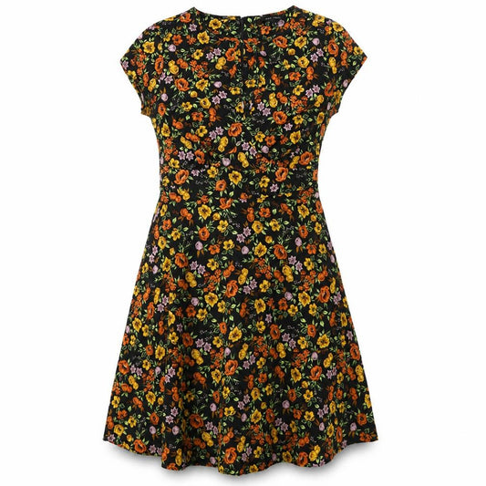 Front view of New Look women’s black floral polyester a-line, size UK 6, round neck zip