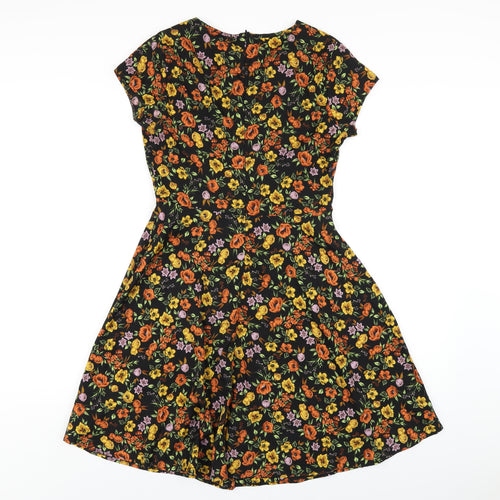 New Look Womens Black Floral Polyester A-Line Size 6 Round Neck Zip