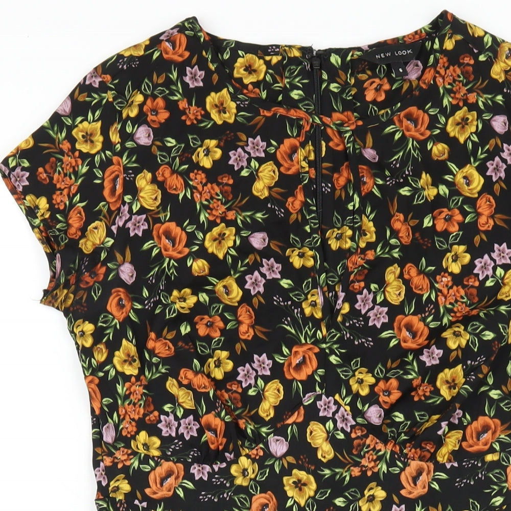 New Look Womens Black Floral Polyester A-Line Size 6 Round Neck Zip