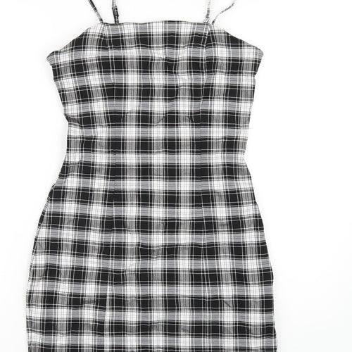 New Look Girls Black Plaid Vinyl Mini Size 15 Years Square Neck Zip