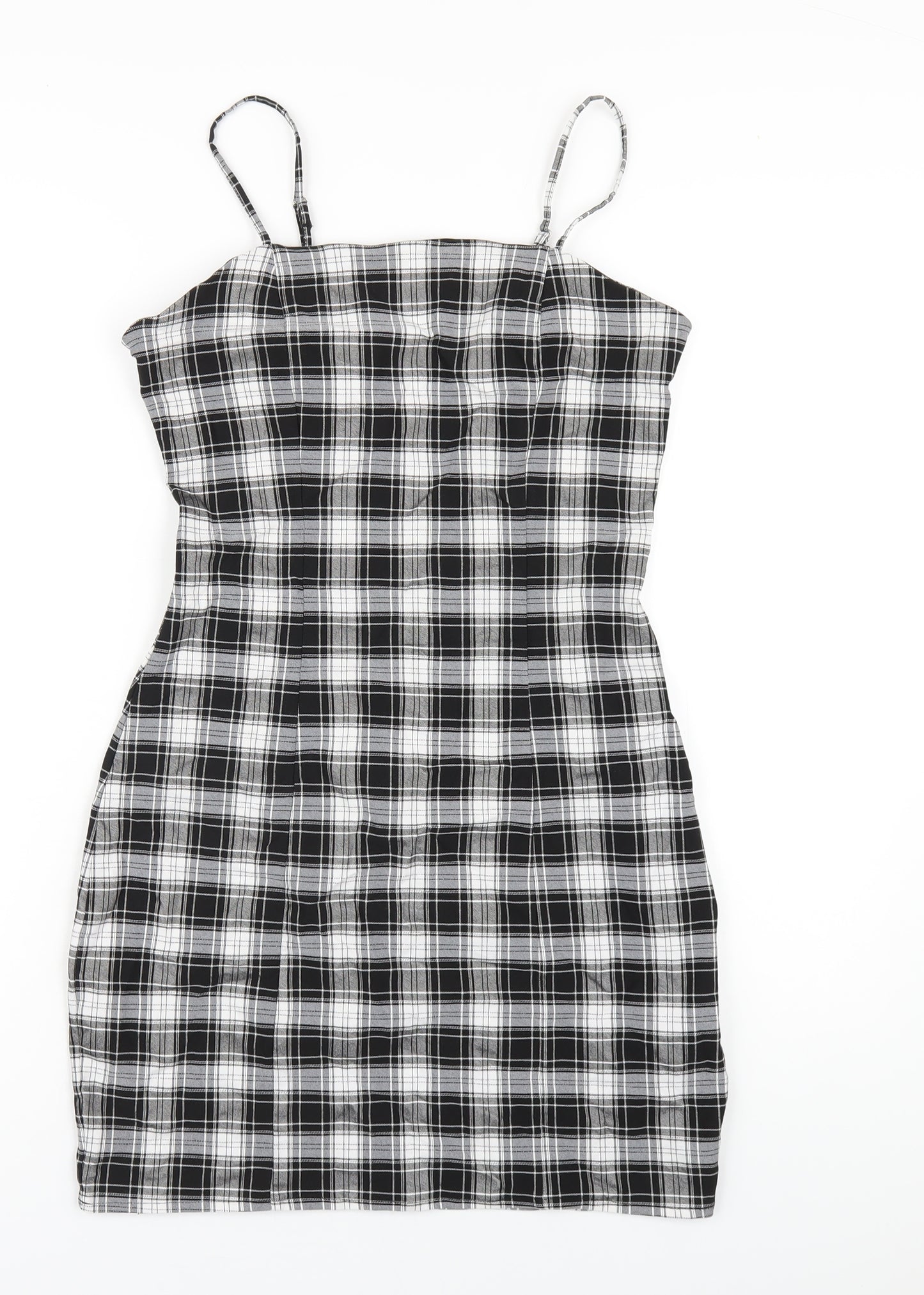 New Look Girls Black Plaid Vinyl Mini Size 15 Years Square Neck Zip