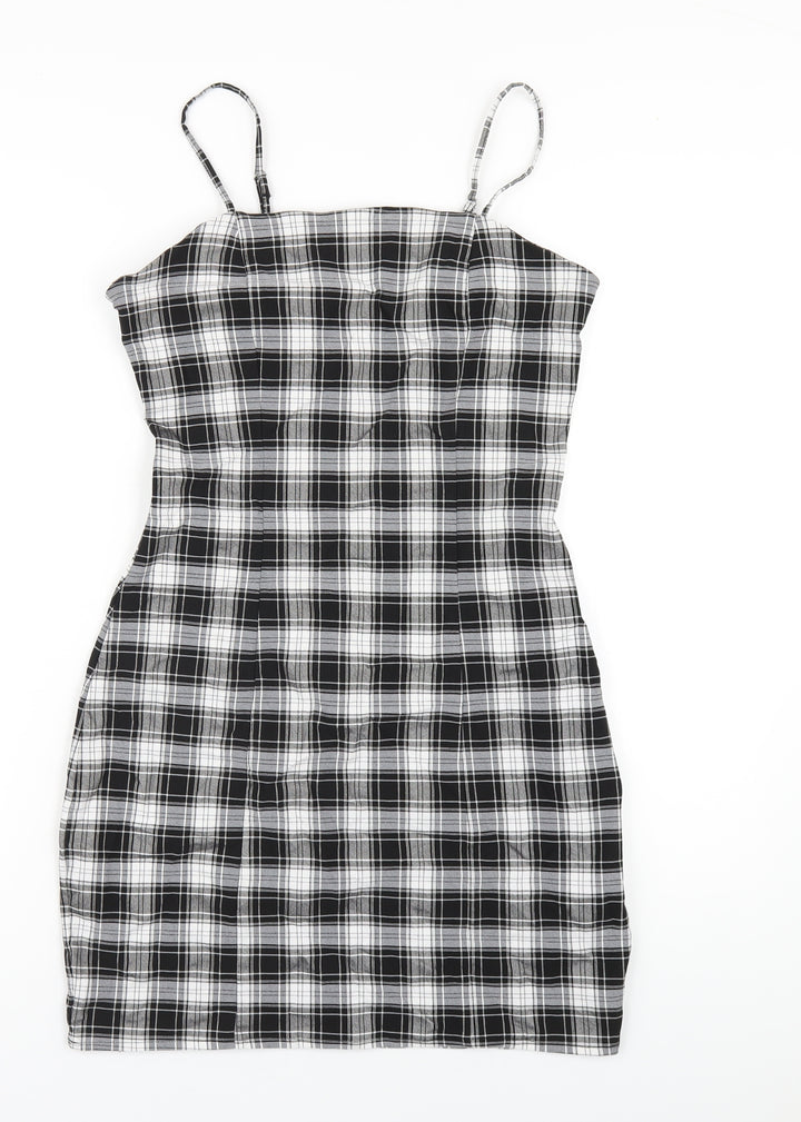 New Look Girls Black Plaid Vinyl Mini Size 15 Years Square Neck Zip