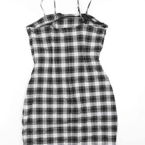 New Look Girls Black Plaid Vinyl Mini Size 15 Years Square Neck Zip