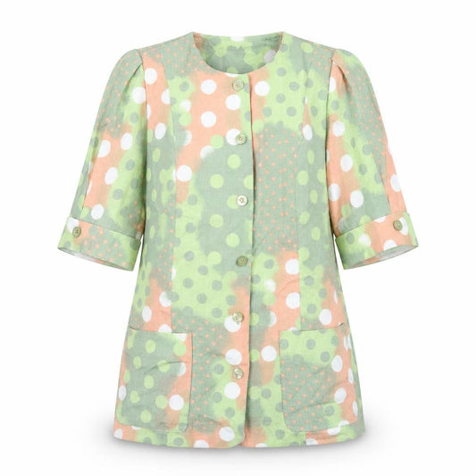 Front view of Baruch women’s multicoloured geometric jacket, size UK 14, button
