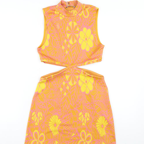 Zara Womens Orange Floral Polyester Bodycon Size M Roll Neck Pullover