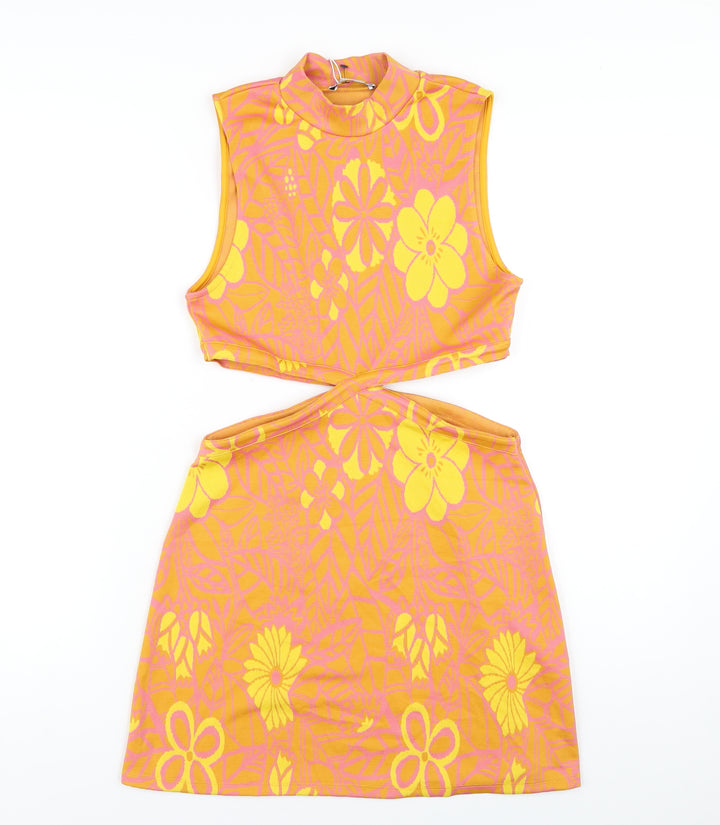 Zara Womens Orange Floral Polyester Bodycon Size M Roll Neck Pullover