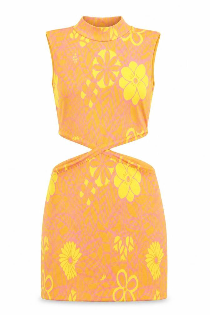 Front view of Zara women’s orange floral polyester bodycon, size M, roll neck pullover