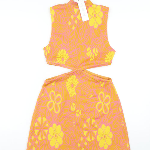 Zara Womens Orange Floral Polyester Bodycon Size M Roll Neck Pullover