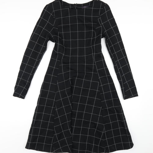 Marks and Spencer Womens Black Check Viscose A-Line Size 8 Round Neck Zip