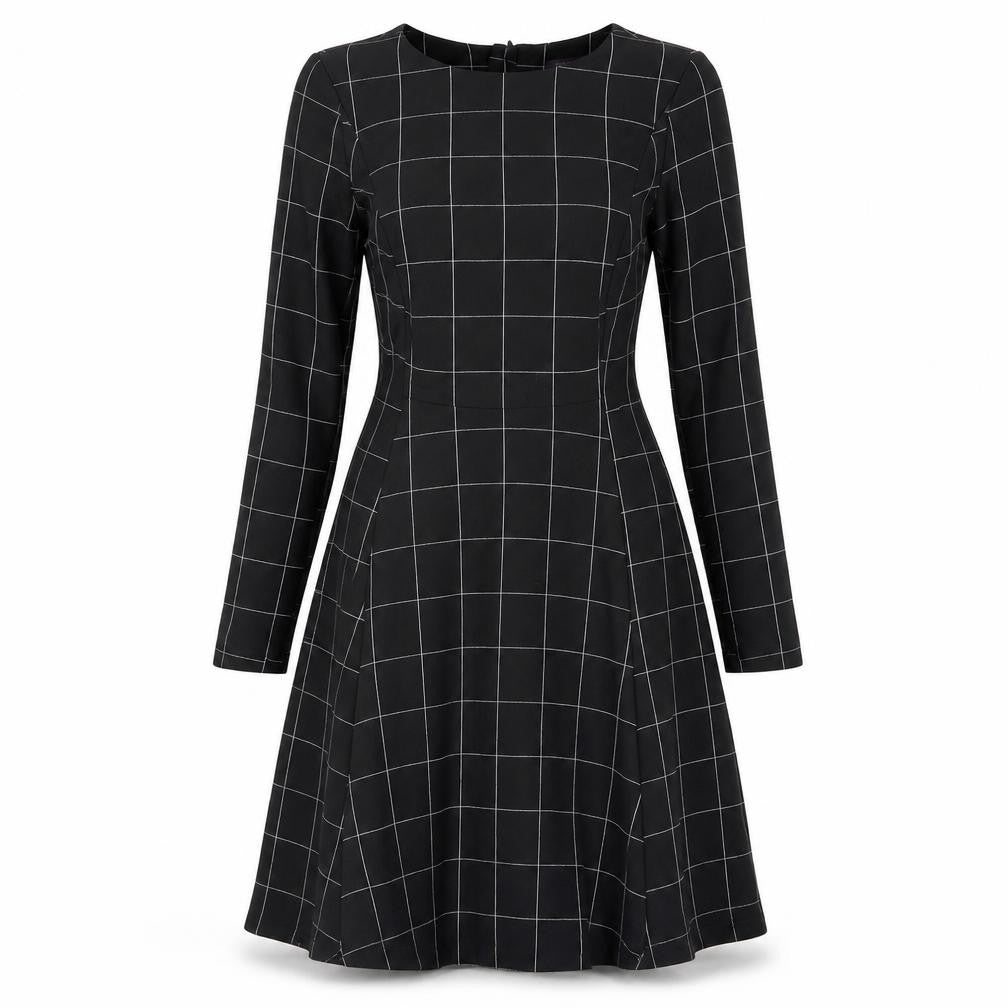 Front view of Marks & Spencer women’s black check viscose a-line, size UK 8, round neck zip