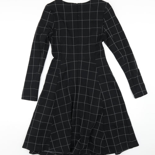 Marks and Spencer Womens Black Check Viscose A-Line Size 8 Round Neck Zip