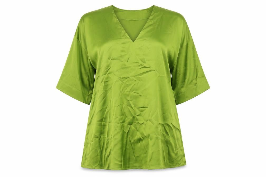 Front view of Never Fully Dressed women’s green polyethylene a-line, size UK 6, v-neck pullover