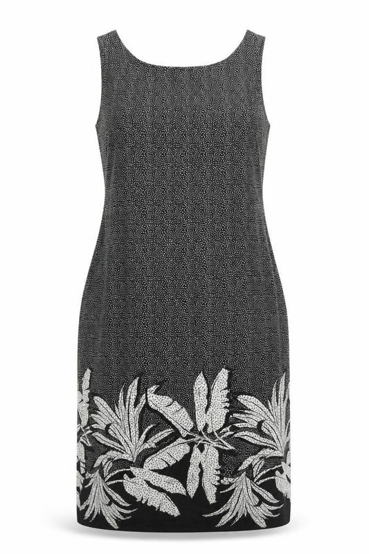 Front view of Next women’s black geometric linen tank dress, size UK 10, scoop neck pullover