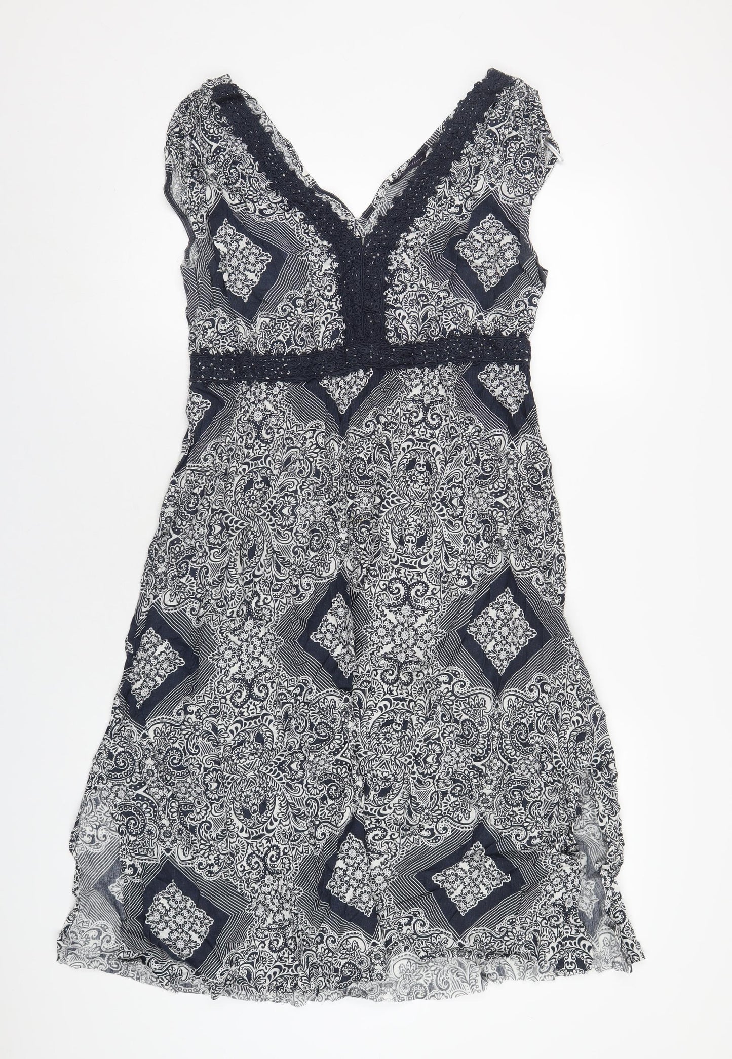 Marks and Spencer Womens Blue Geometric Viscose A-Line Size 14 V-Neck Pullover