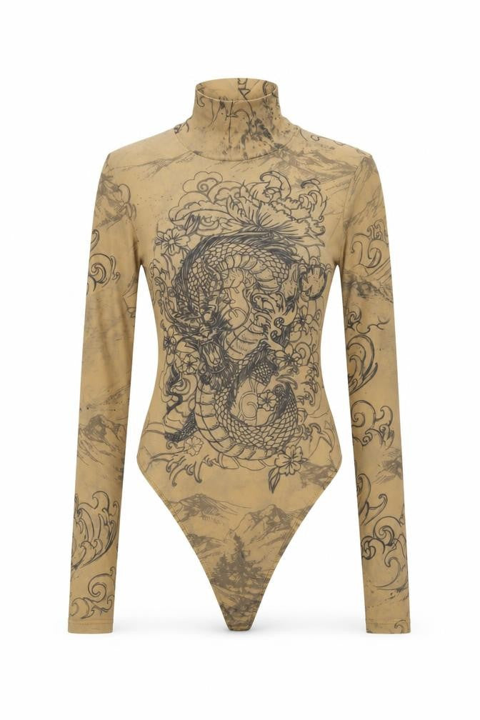 Front view of Fashion Nova women’s beige geometric polyester bodysuit one-piece, size S, snap