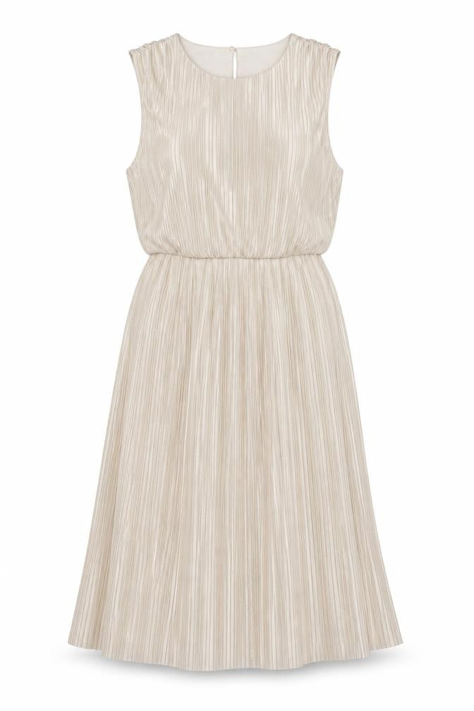 Front view of Miss Selfridge women’s gold polyester a-line, size UK 12, round neck button