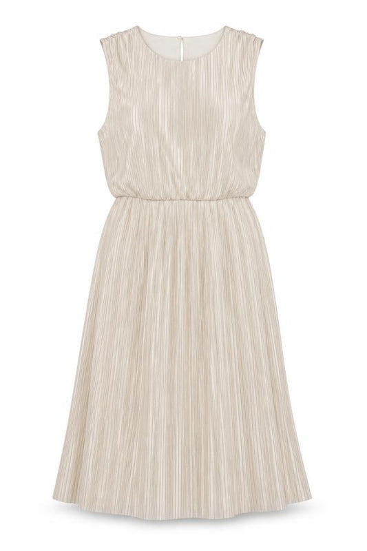 Front view of Miss Selfridge women’s gold polyester a-line, size UK 12, round neck button
