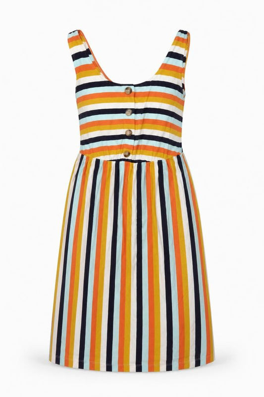 Front view of Warehouse women’s multicoloured striped polyester a-line, size UK 8, round neck pullover