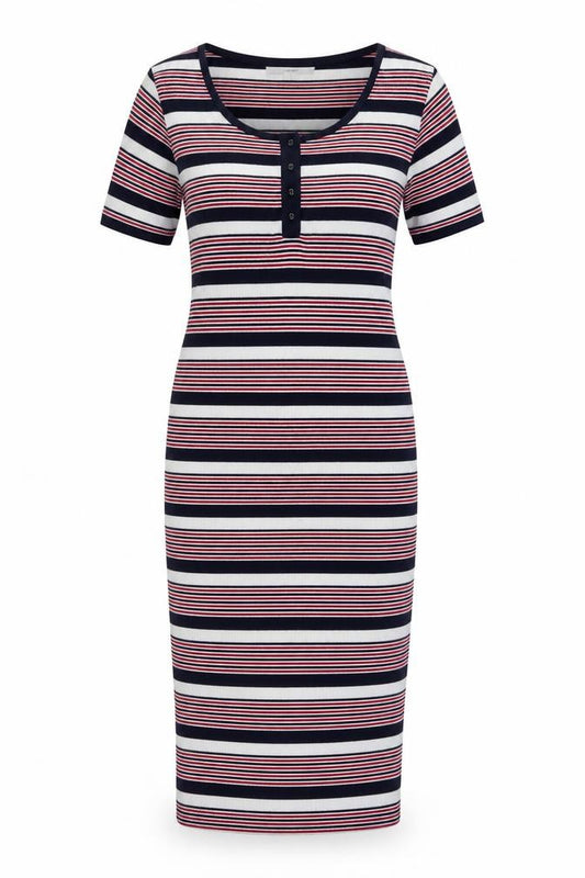 Front view of Next women’s multicoloured striped polyester bodycon, size UK 10, round neck pullover