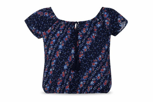 Front view of Principles women’s blue floral viscose basic blouse, size UK 10, round neck